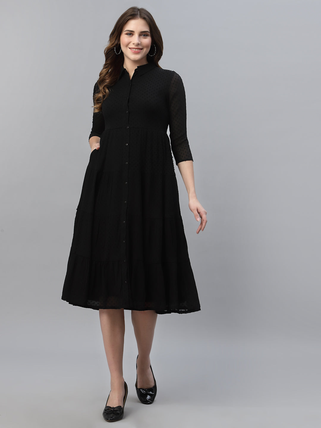 Self Design Tiered Georgette Shirt Midi Dress