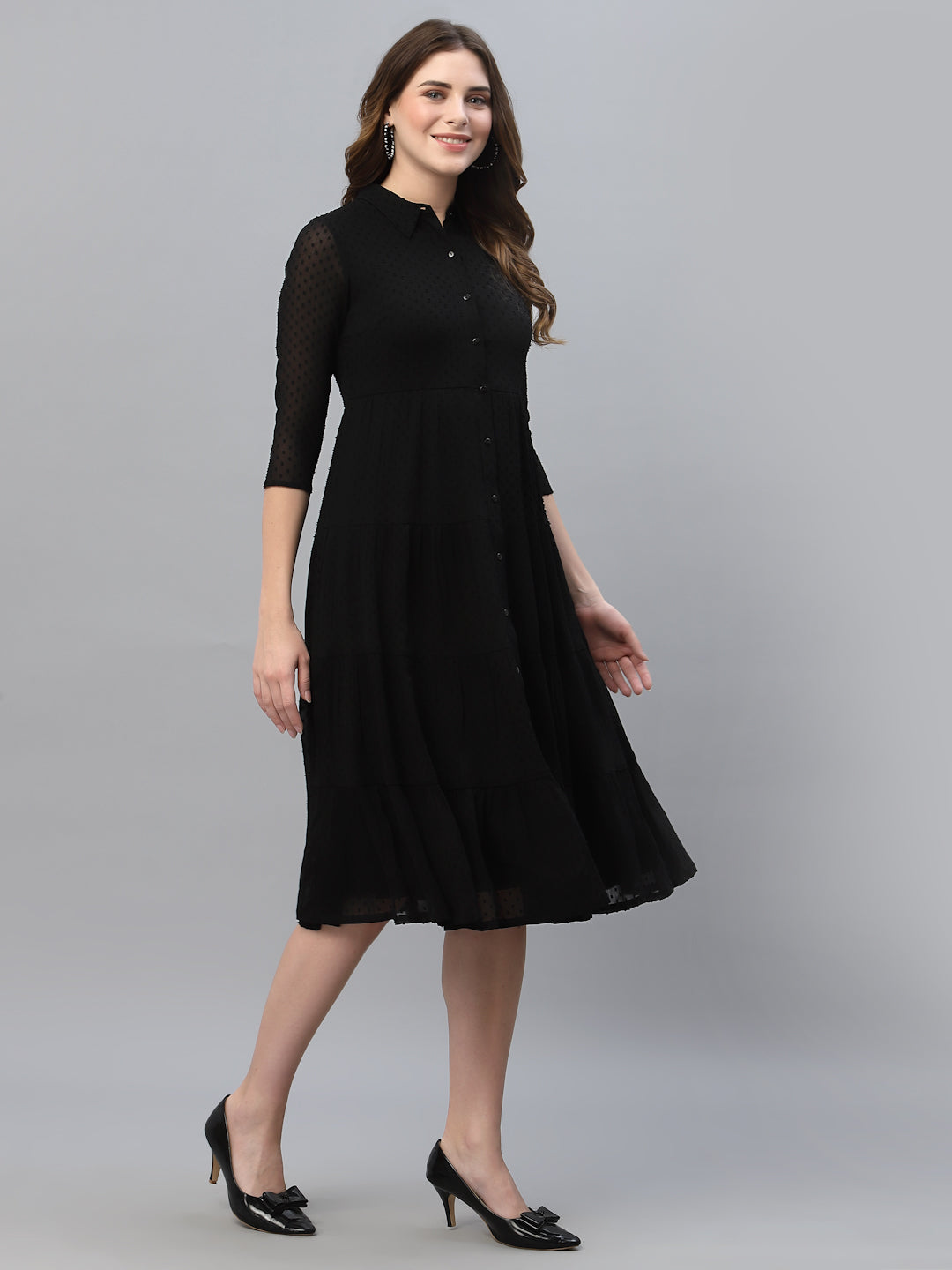 Self Design Tiered Georgette Shirt Midi Dress