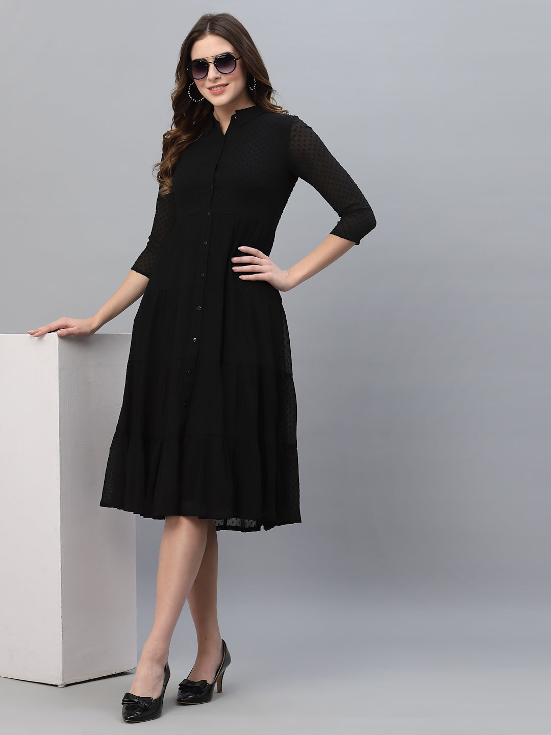 Self Design Tiered Georgette Shirt Midi Dress