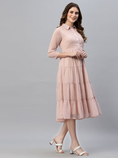 Self Design Tiered Georgette Shirt Midi Dress