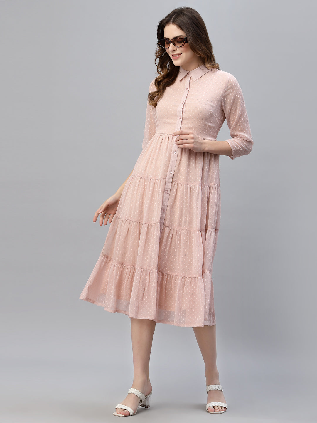 Self Design Tiered Georgette Shirt Midi Dress