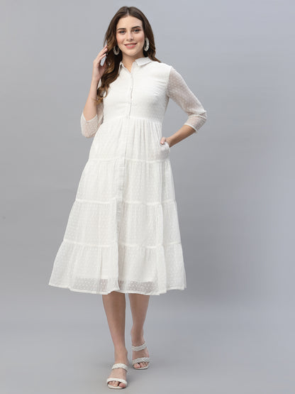 Self Design Tiered Georgette Shirt Midi Dress