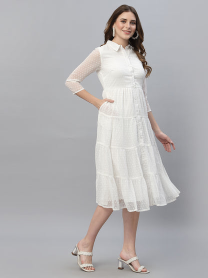 Self Design Tiered Georgette Shirt Midi Dress