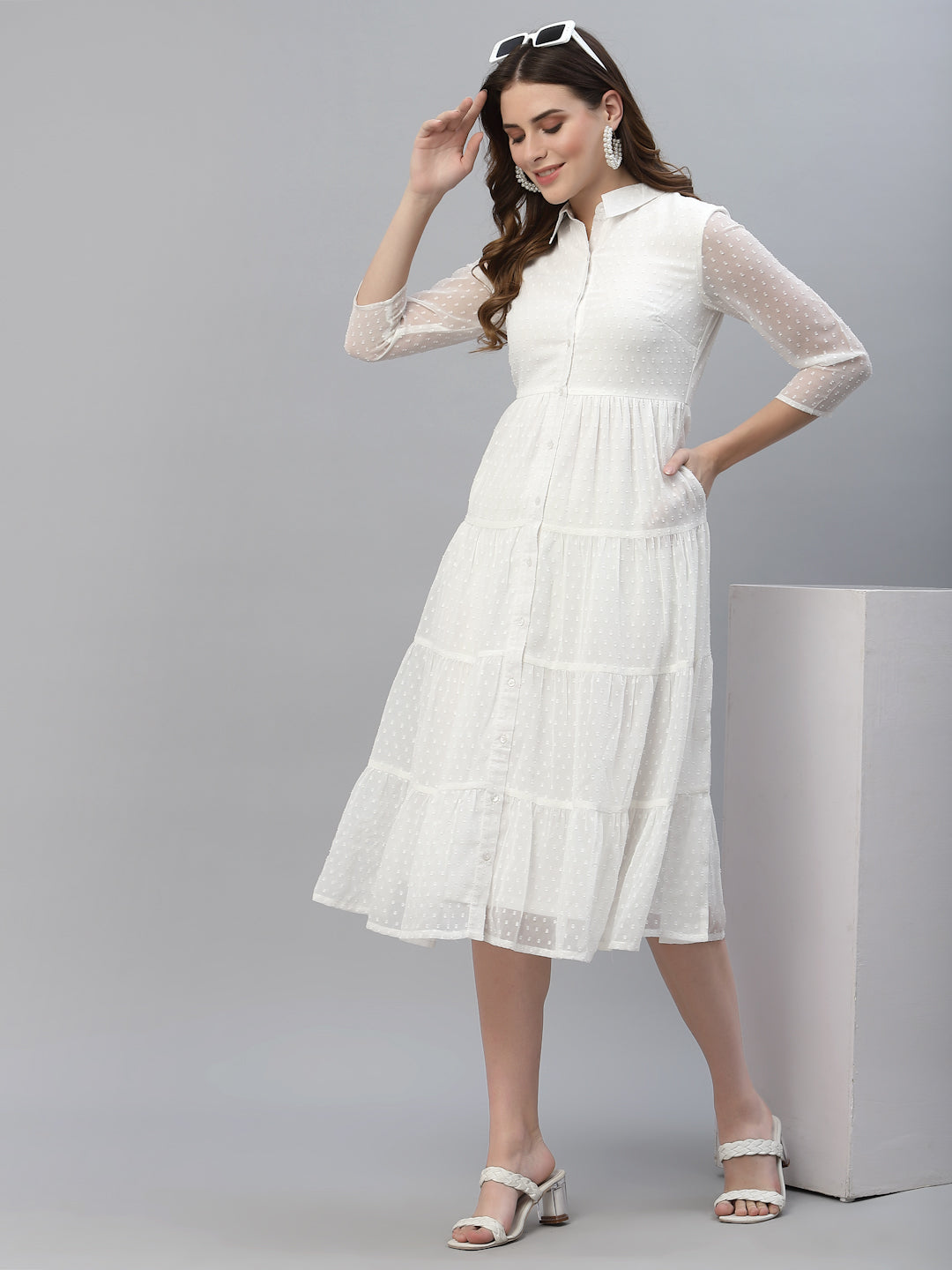 Self Design Tiered Georgette Shirt Midi Dress