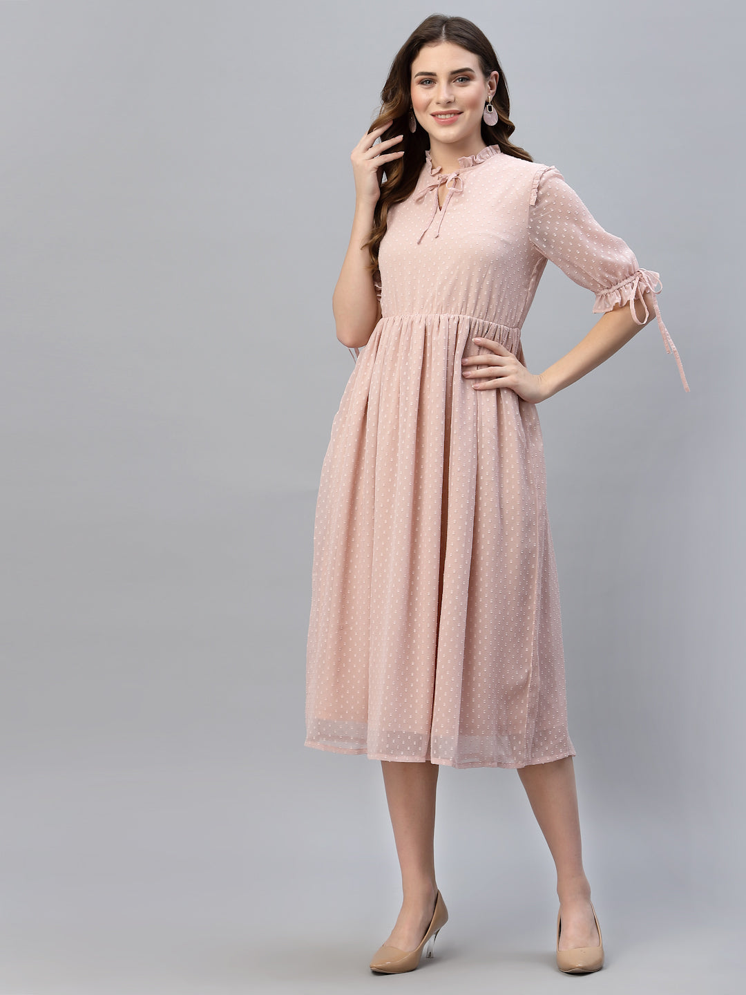 Tie-Up Neck Self Fabric Georgette Fit & Flare Midi Dress