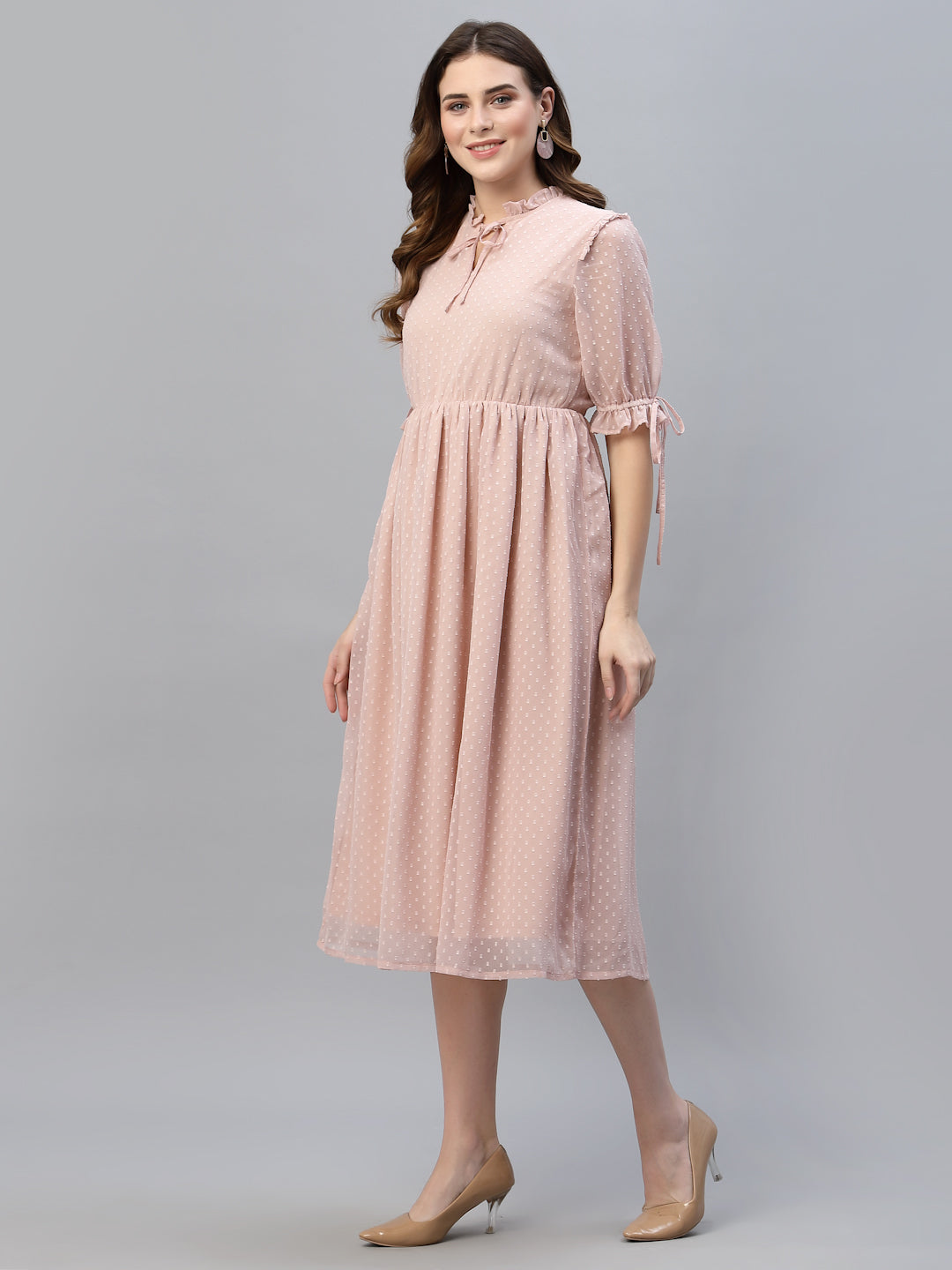 Tie-Up Neck Self Fabric Georgette Fit & Flare Midi Dress