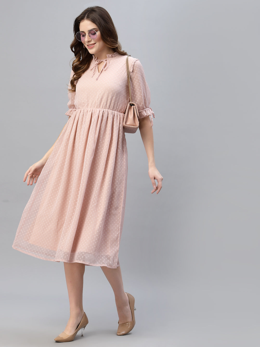 Tie-Up Neck Self Fabric Georgette Fit & Flare Midi Dress