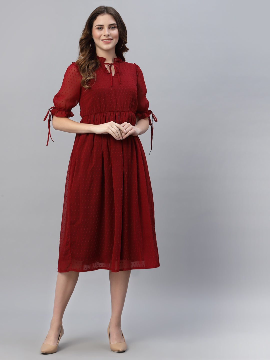 Tie-Up Neck Self Fabric Georgette Fit & Flare Midi Dress