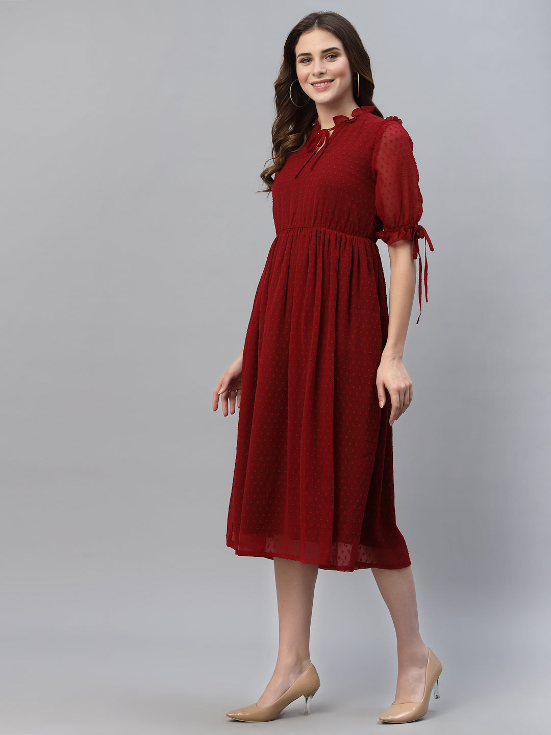 Tie-Up Neck Self Fabric Georgette Fit & Flare Midi Dress