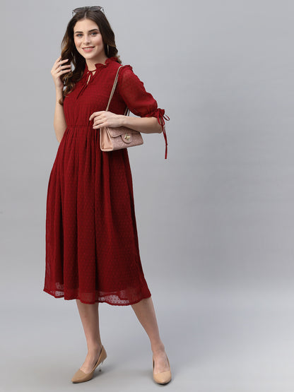 Tie-Up Neck Self Fabric Georgette Fit & Flare Midi Dress