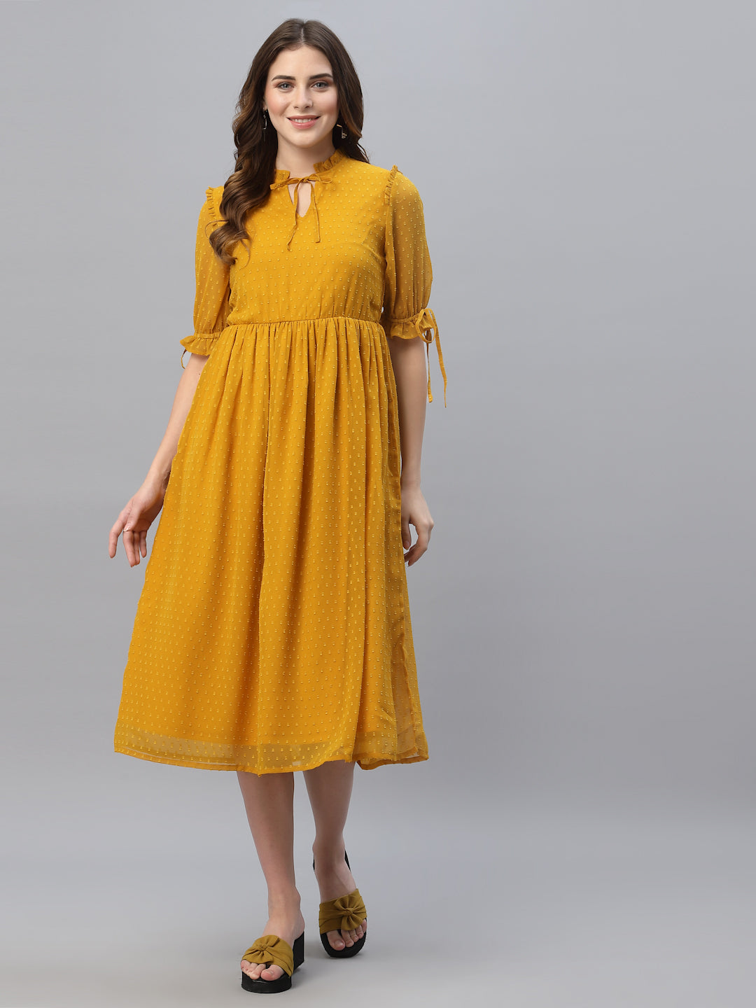 Tie-Up Neck Self Fabric Georgette Fit & Flare Midi Dress