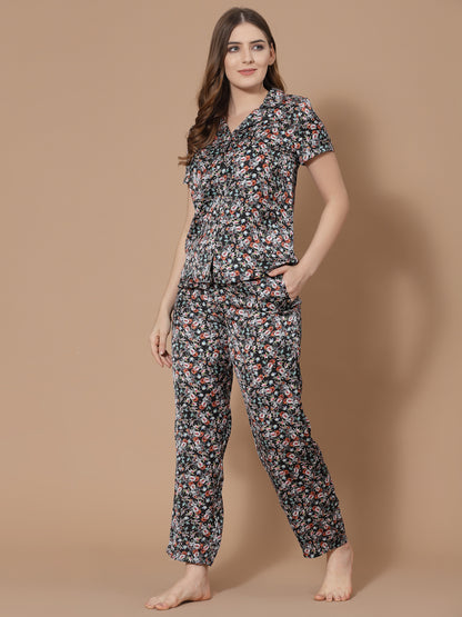 Women Black Printed Night Suit