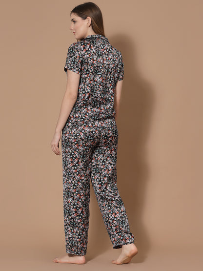 Women Black Printed Night Suit