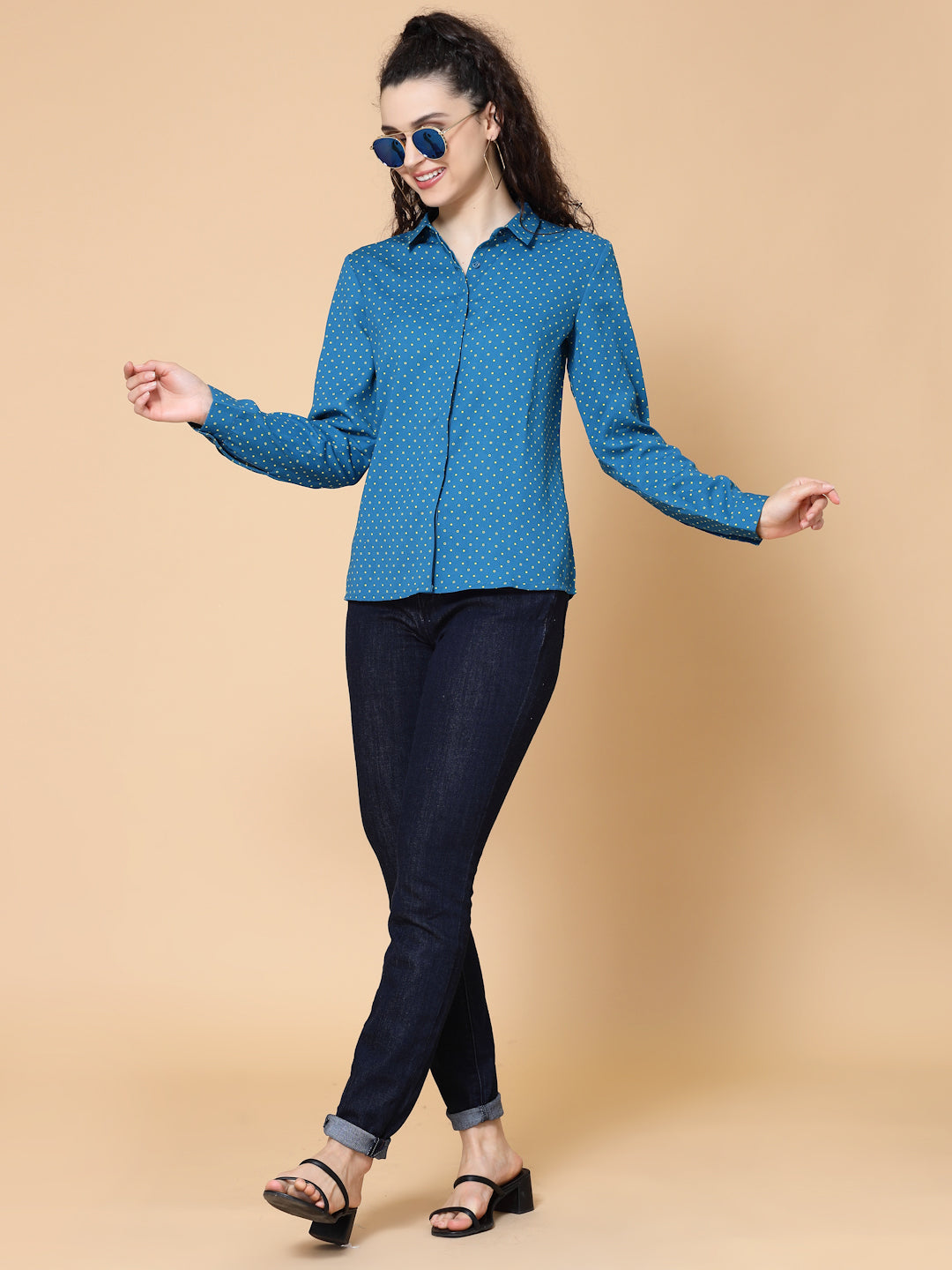 Plus Size Relaxed Micro Ditsy Printed Twill Casual Shirt