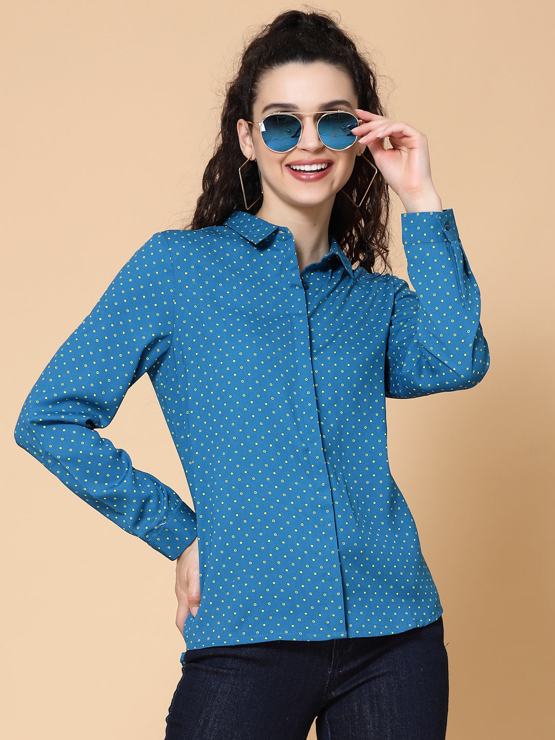 Plus Size Relaxed Micro Ditsy Printed Twill Casual Shirt