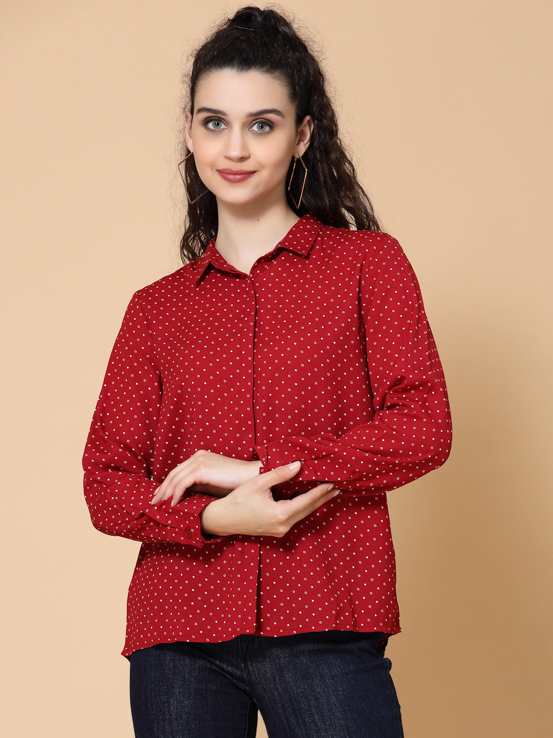 Plus Size Relaxed Micro Ditsy Printed Twill Casual Shirt