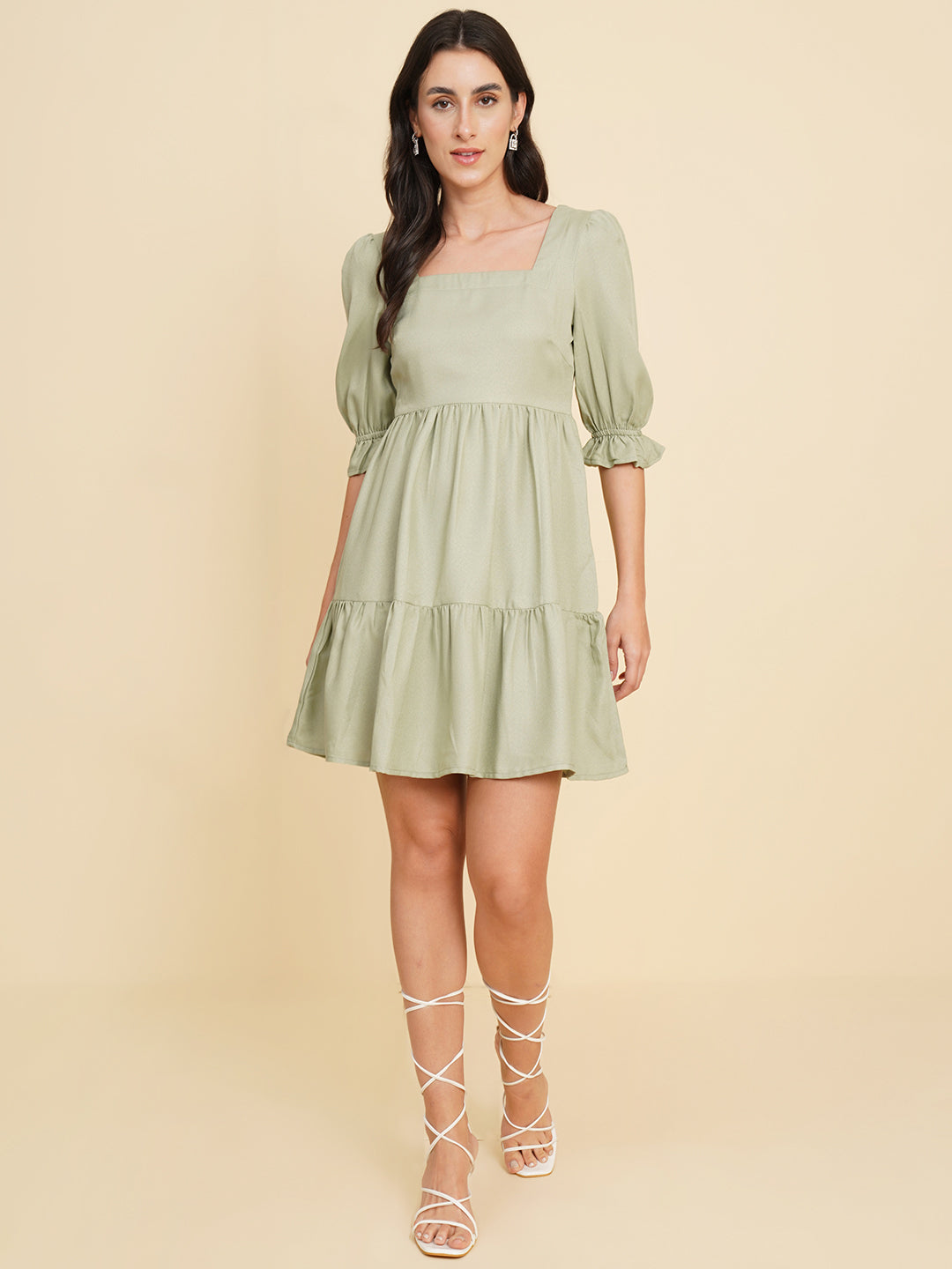 Women Square Neck Flared Puff Sleeve Fit & Flare Dress