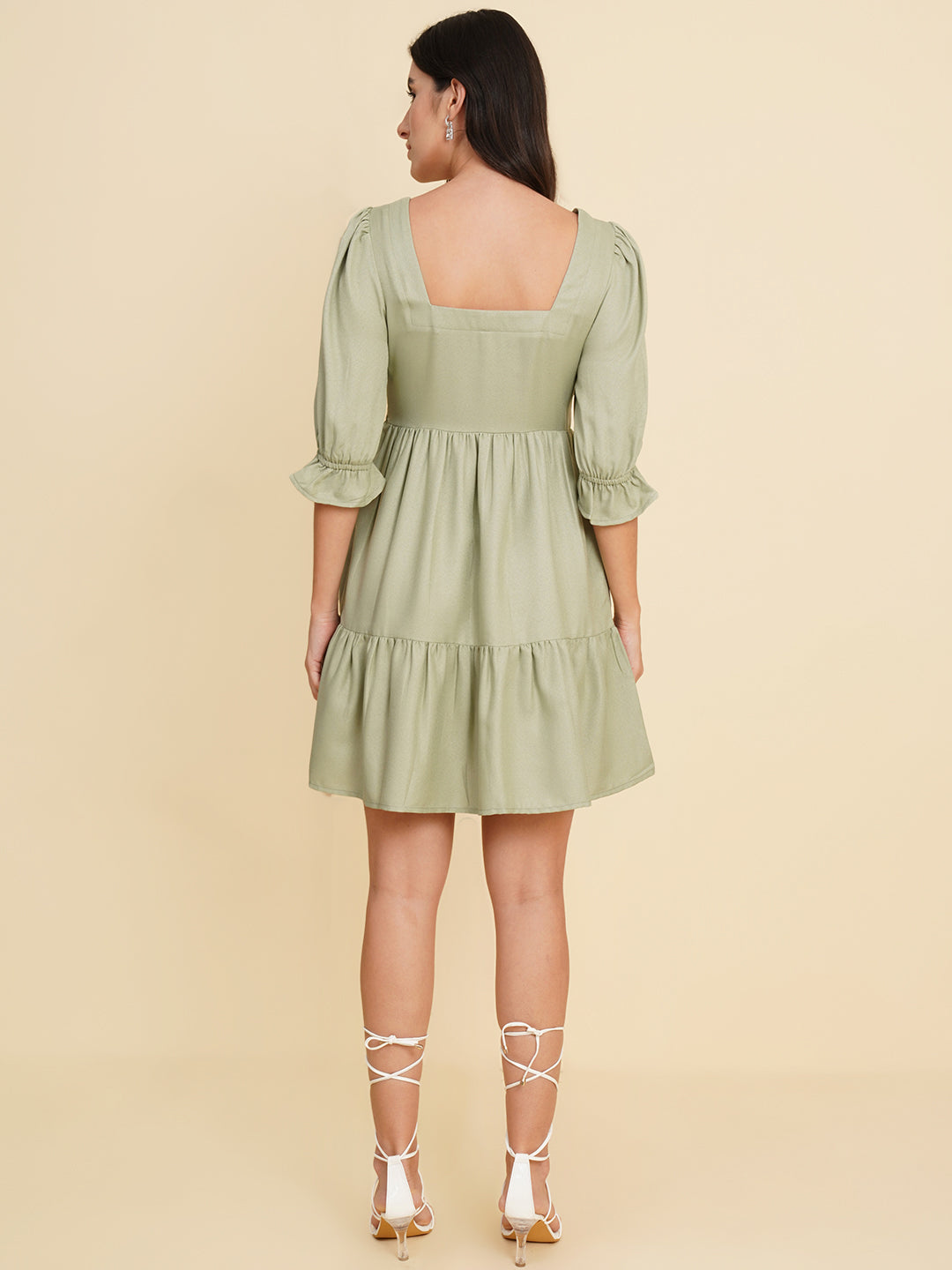 Women Square Neck Flared Puff Sleeve Fit & Flare Dress