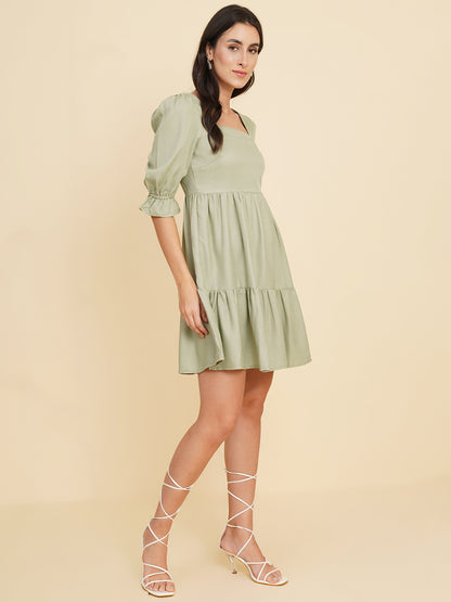 Women Square Neck Flared Puff Sleeve Fit & Flare Dress