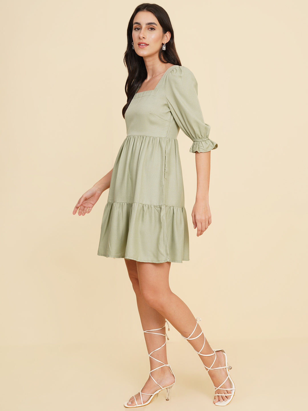 Women Square Neck Flared Puff Sleeve Fit & Flare Dress