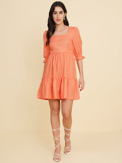 Women Square Neck Flared Puff Sleeve Fit & Flare Dress