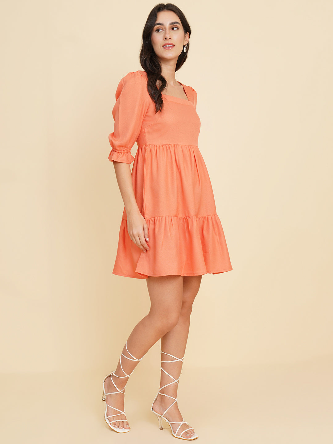 Women Square Neck Flared Puff Sleeve Fit & Flare Dress