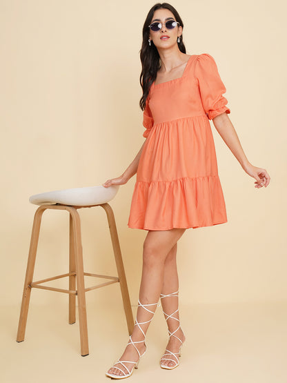 Women Square Neck Flared Puff Sleeve Fit & Flare Dress