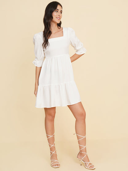 Women Square Neck Flared Puff Sleeve Fit & Flare Dress