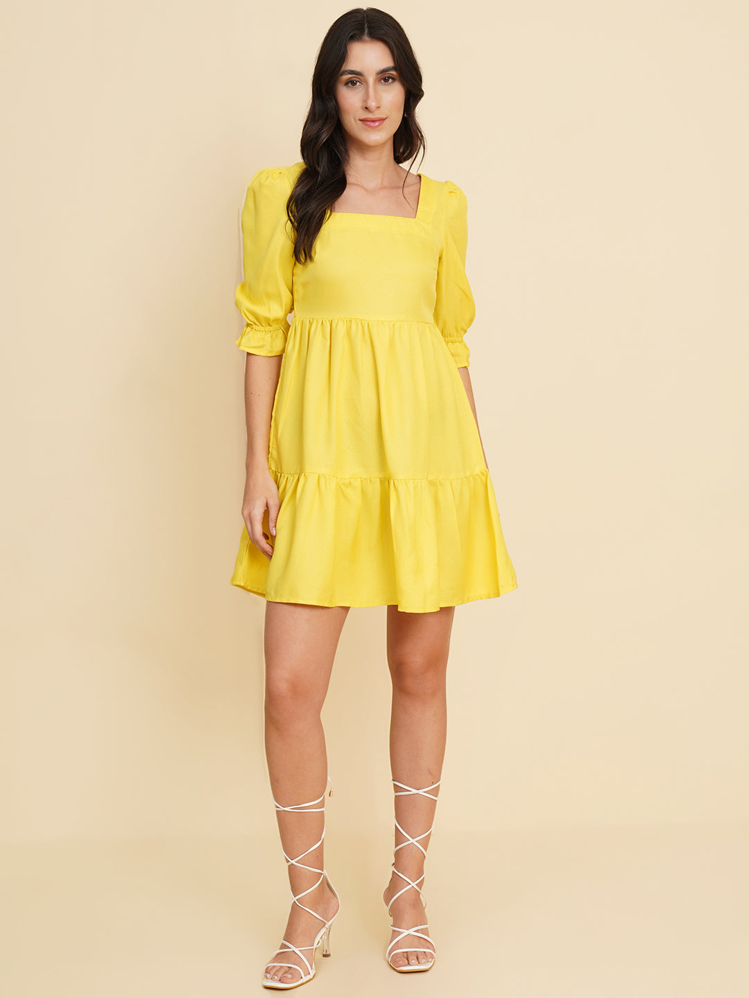 Women Square Neck Flared Puff Sleeve Fit & Flare Dress