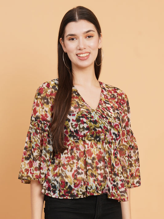 Abstract Printed Flared Sleeve Chiffon Empire Top