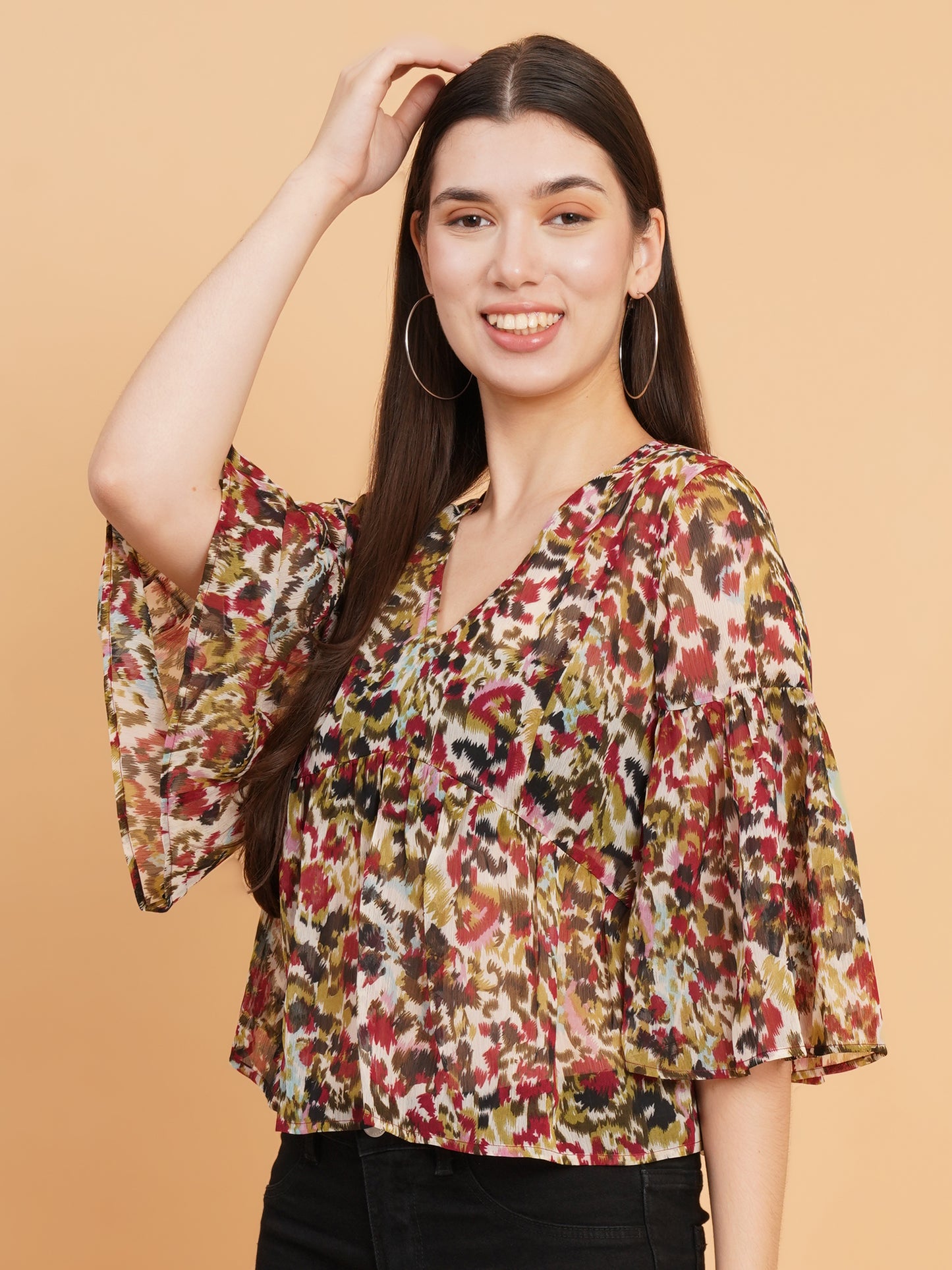 Abstract Printed Flared Sleeve Chiffon Empire Top