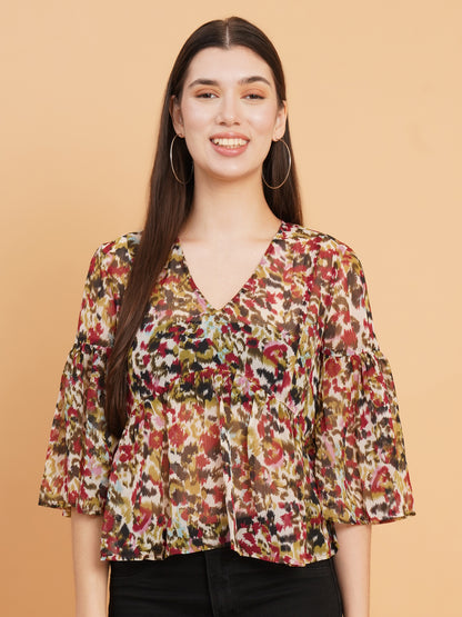 Abstract Printed Flared Sleeve Chiffon Empire Top