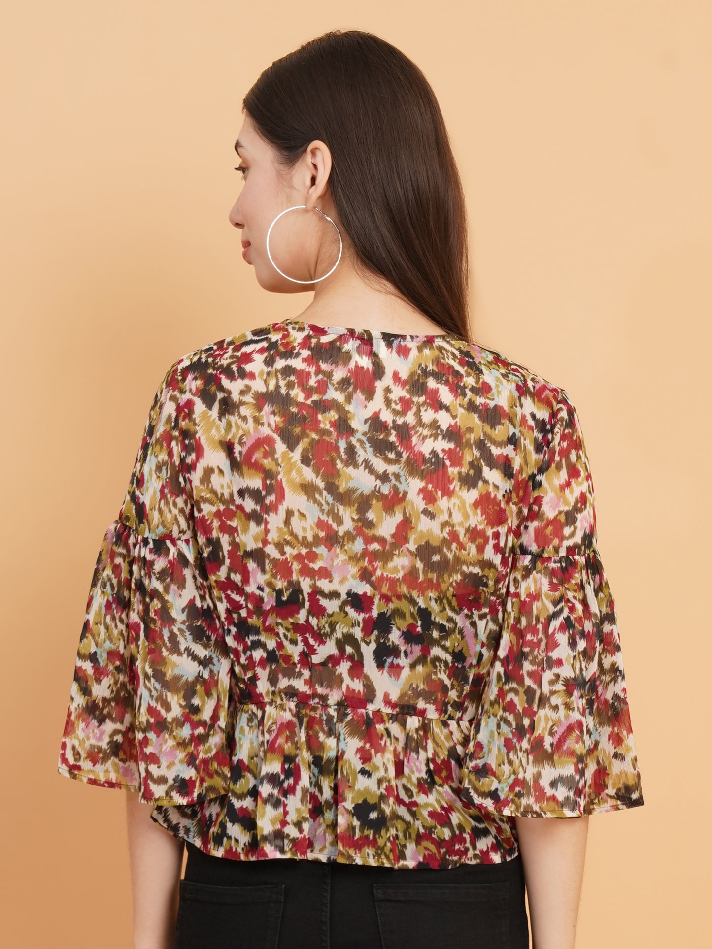 Abstract Printed Flared Sleeve Chiffon Empire Top