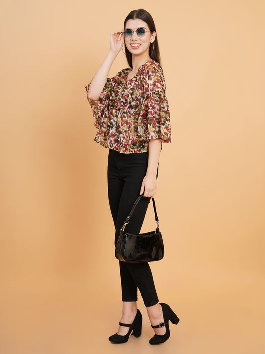 Abstract Printed Flared Sleeve Chiffon Empire Top