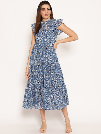 Floral Print Flutter Sleeve Georgette Fit & Flare Midi Dress