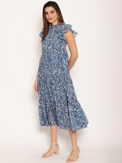 Floral Print Flutter Sleeve Georgette Fit & Flare Midi Dress