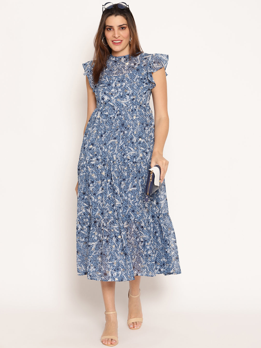 Floral Print Flutter Sleeve Georgette Fit & Flare Midi Dress