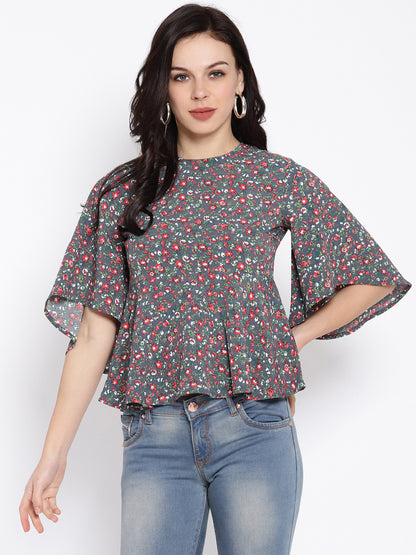 Floral Printed Flared Sleeves Peplum Top