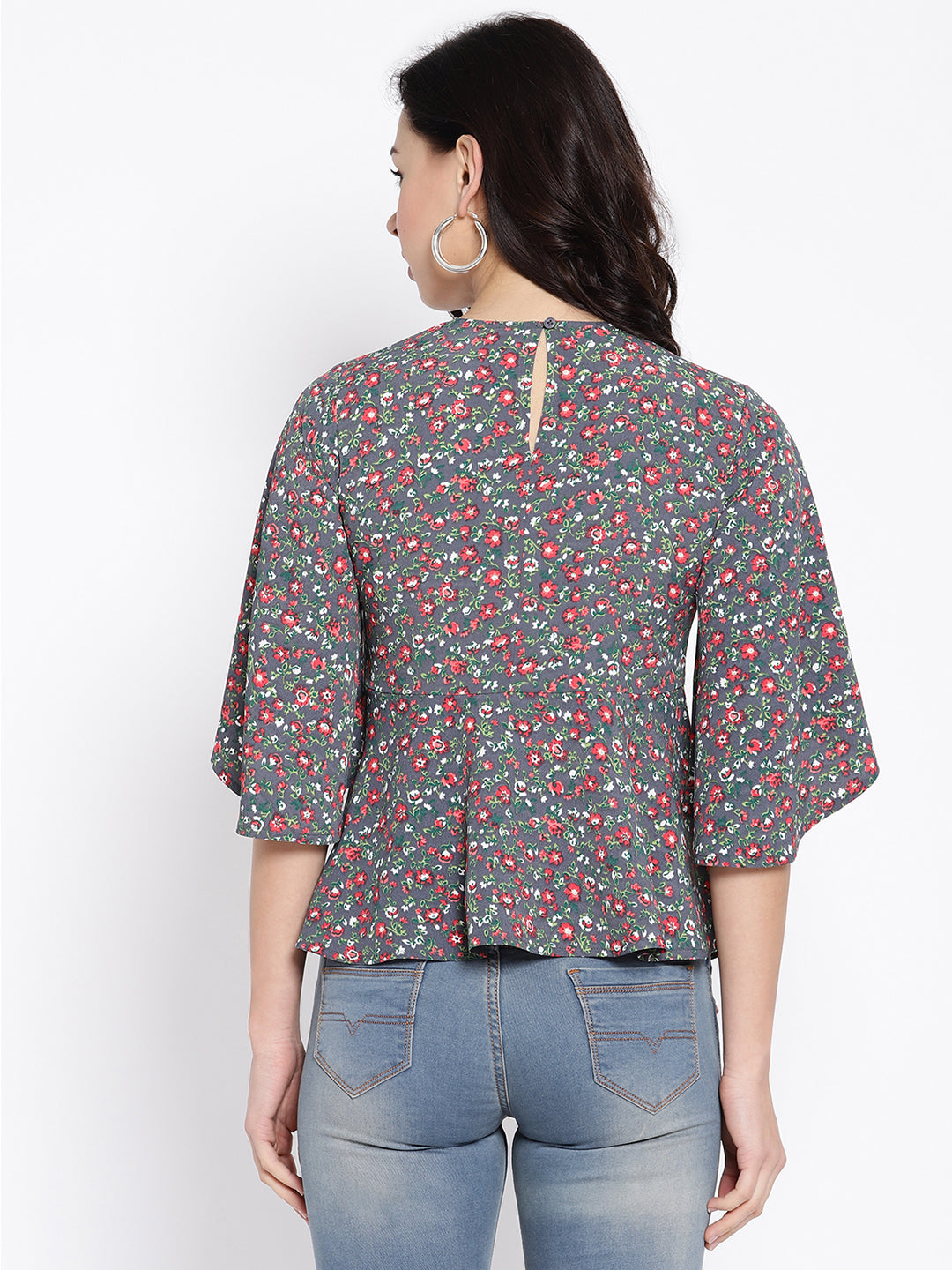 Floral Printed Flared Sleeves Peplum Top