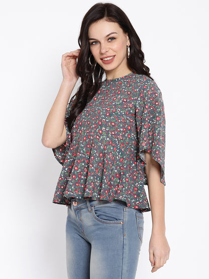 Floral Printed Flared Sleeves Peplum Top