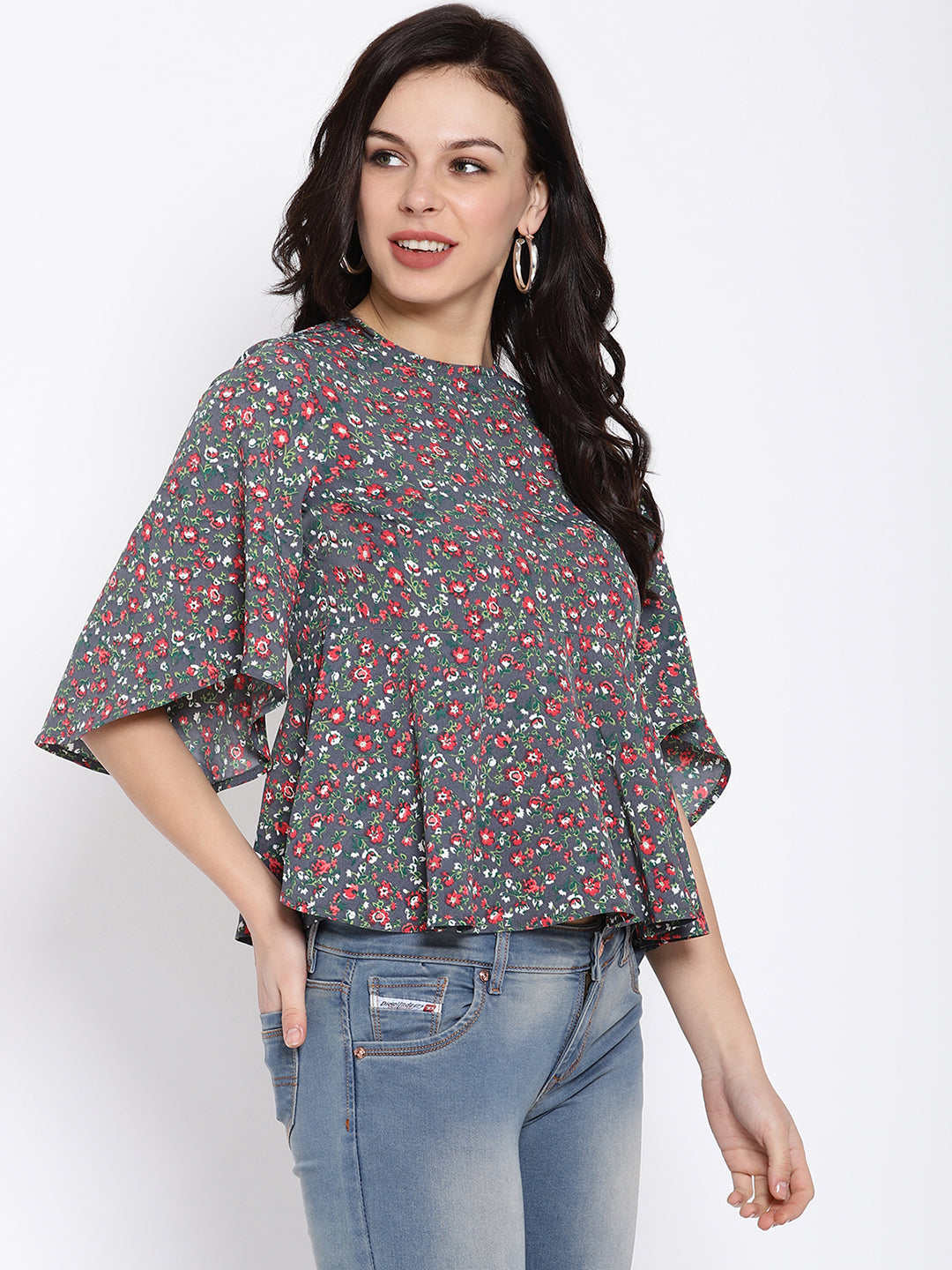 Floral Printed Flared Sleeves Peplum Top