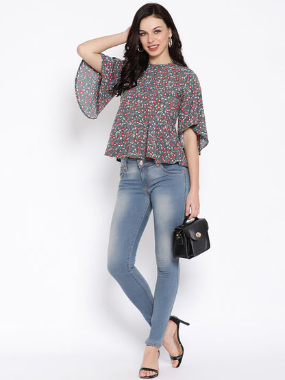 Floral Printed Flared Sleeves Peplum Top