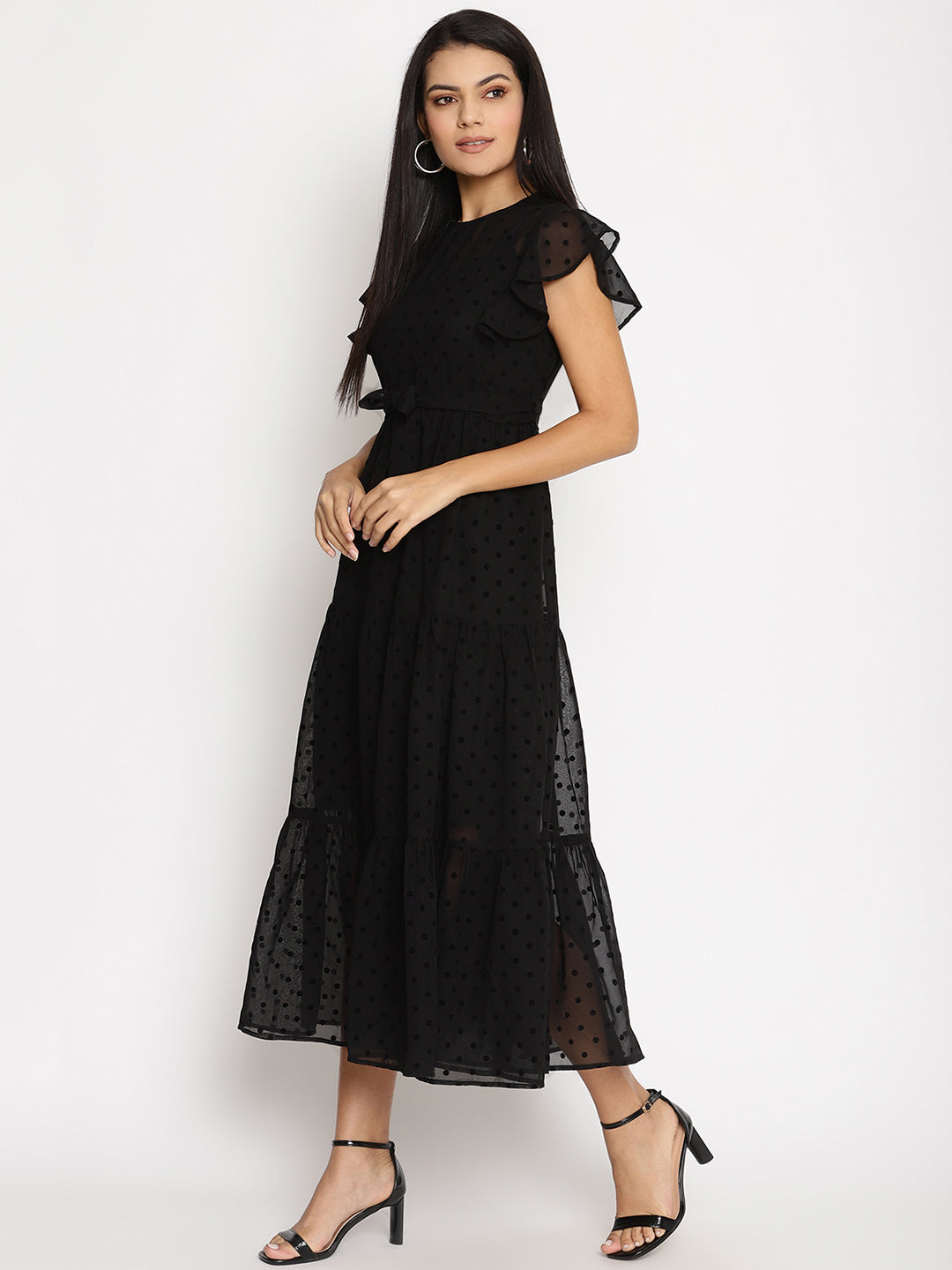 Flock Print Flutter Sleeve Georgette Fit & Flare Midi Dress