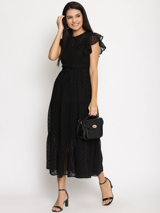 Flock Print Flutter Sleeve Georgette Fit & Flare Midi Dress