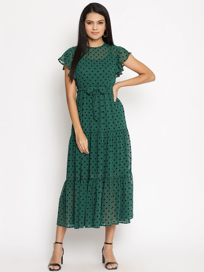 Flock Print Flutter Sleeve Georgette Fit & Flare Midi Dress