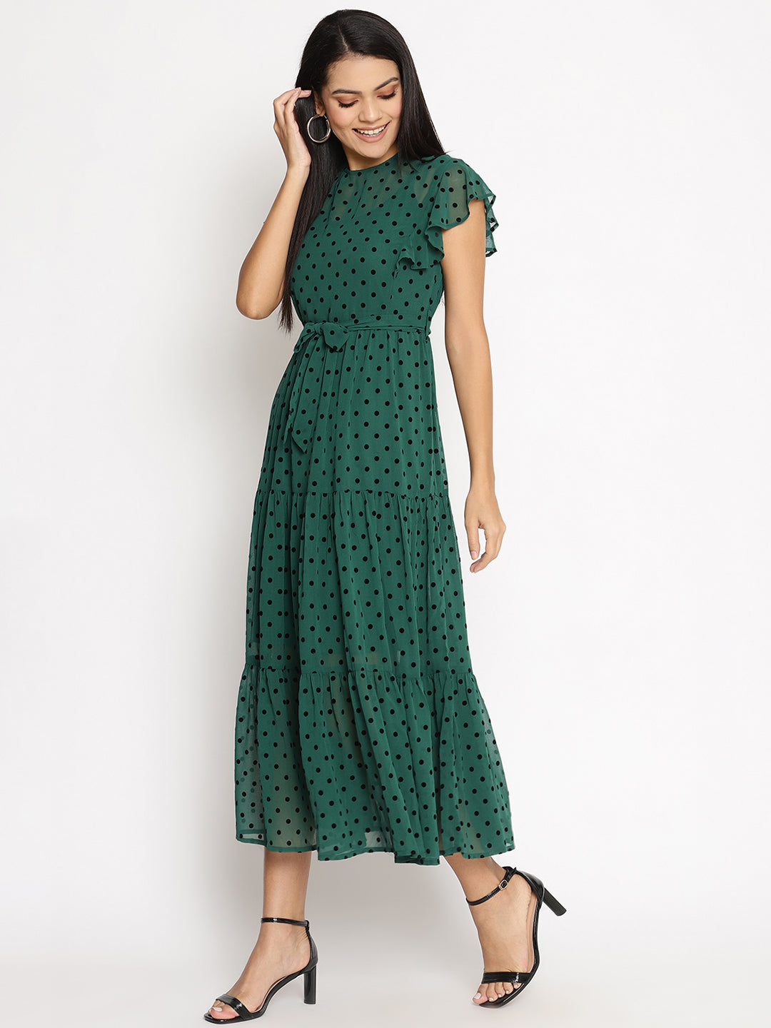 Flock Print Flutter Sleeve Georgette Fit & Flare Midi Dress