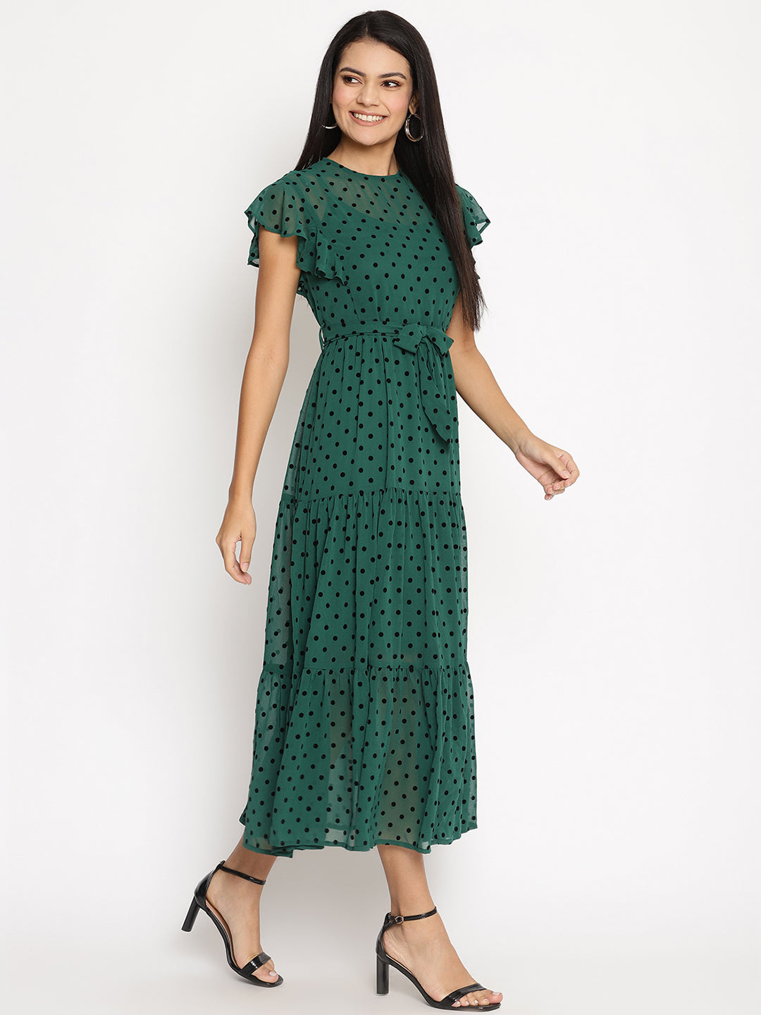 Flock Print Flutter Sleeve Georgette Fit & Flare Midi Dress