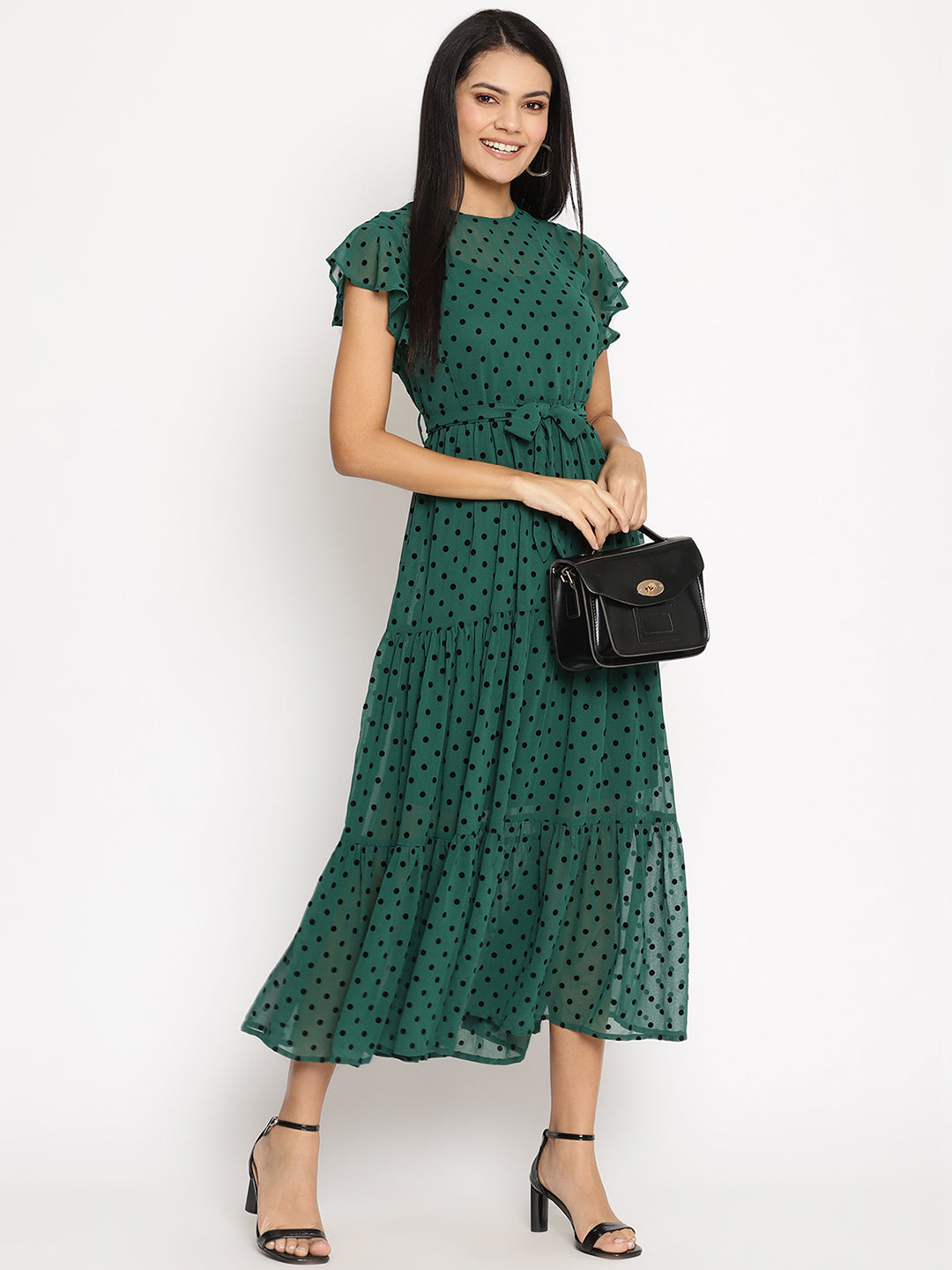 Flock Print Flutter Sleeve Georgette Fit & Flare Midi Dress