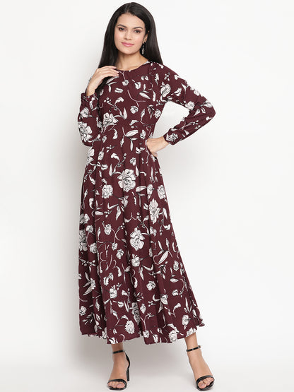 Floral Printed Long Sleeve Crepe Maxi Dress