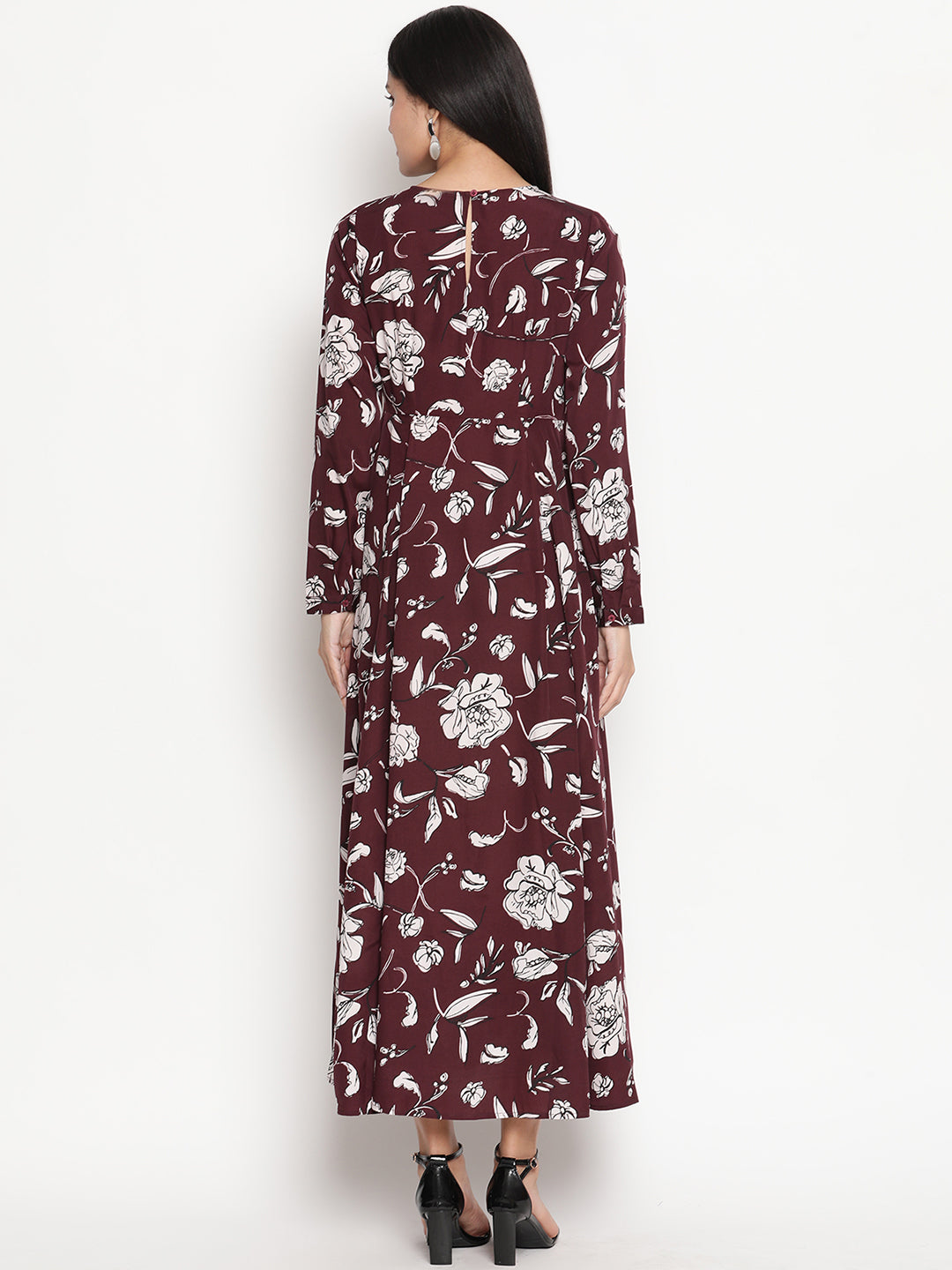 Floral Printed Long Sleeve Crepe Maxi Dress